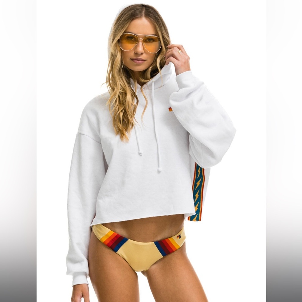 Aviator Nation Bolt Stripe Relaxed Cropped Pullover Hoodie - White, Size Small